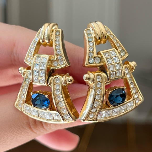 Vintage Christian Dior Hollow Door Knocker Drop Blue Rhinestone Gold Earrings - Picture 1 of 11